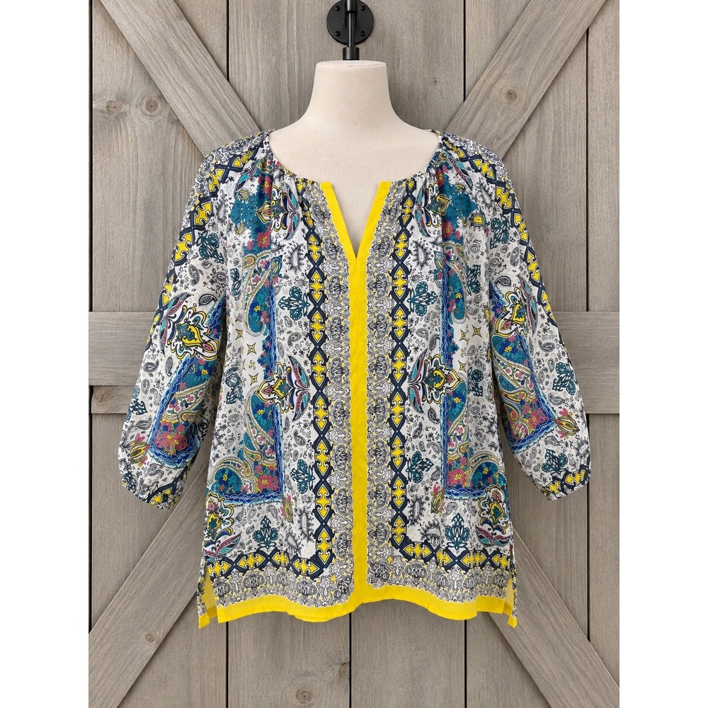 John Mark 100% Silk Boho Flowy Top Paisley Split Tie Neck 3/4 Sleeve